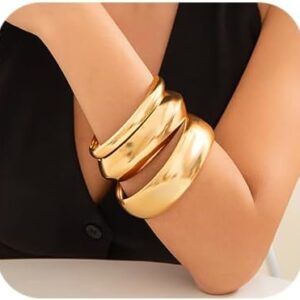 Denifery 3PCS Chunky Gold Bangle Bracelets Trendy Wide Chunky Cuff Bracelets Hammered Wrist Cuff Wrap Bracelet for Women