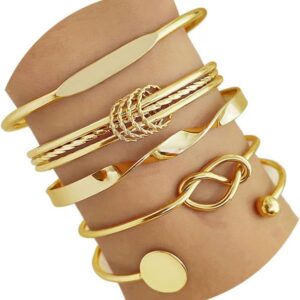 Gold Bangle Bracelets Set for Women, 14k Gold Plated Multi Layer Stackable Cuff Bracelets, Personalized Boho Non Tarnish Adjustable Bangle Jewelry Gift for Her