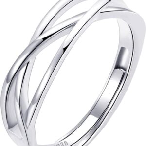 OOOPEL Sterling Silver Adjustable Ring S925 Silver Rings for Women Cubic Zirconia Twist Love Knot Dainty Ring Silver Minimalist Open Finger Rings Silver Thumb Sterling Silver Ring