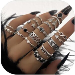 Rrdaily Vintage Silver Gothic Rings Set for Women Cute Goth Grunge Y2k Accessories Jewelry Punk Style Finger Knuckle Stackable Rings Christmas Birthday Party Gifts for Daughter