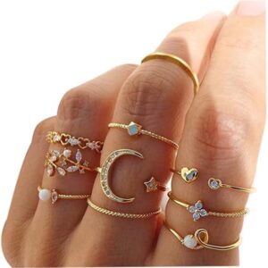 INENIMARTJ Boho Rings for Women Teen Girls,Gold Stacking Rings Set Vintage Knuckle Stackable Moon Star Snake Butterfly Heart Flower Leaf Top Finger Rings