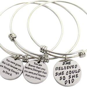 3 Pack Women Engraved Message Inspirational Words Round Charm Bracelets Set Expandable Silver Plated Stainless Steel Motivational Bangle Bracelet