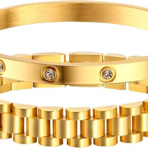 MPRAINBOW 2pcs Gold Chain Link Bracelet – Stainless Steel Love Crystal Friendship Bracelets Bangle,Watch Band Chains Wristband Jewelry with Adjust Tool