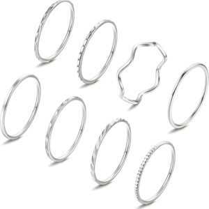 THUNARAZ 8Pcs 1mm Stainless Steel Rings for Women Men Fashion Plain Band Knuckle Stacking Midi Thumb Dainty Thin Rings Set Size 5-10 Silver Gold Tone