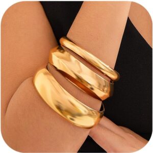 3PCS Chunky Gold Bangle Bracelets for Women Trendy Wide Wrist Cuff Bracelets Stack Statement Bangle Fashion Jewelry Gift