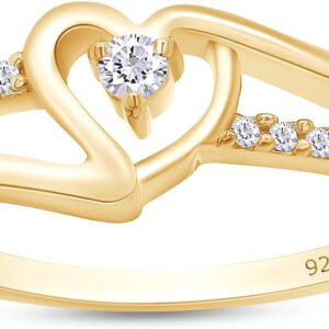 AFFY 1/10 Carat CT Round Moissanite, Lab Grown Diamond & White Natural Diamond Bypass Heart Promise Ring 14k Gold Over Sterling Silver (0.10 Cttw), Gift For Her