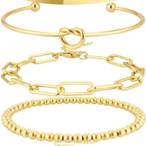 14K Gold Plated Bangle Cuff Bracelet Set for Women Bracelet Stack Adjustable Tennis/Beaded/Paperclip/Cuban Link Chain Bracelets Jewelry