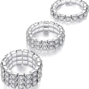 Kucheed 3PCS Rhinestone Stretch Ring, Fashion Crystal Stackable Finger Rings Set, Cute Toe Ring Body Jewelry, Silver Diamond Elastic Band Ring Accessories, Sparkly Thumb Pinky Ring for Women