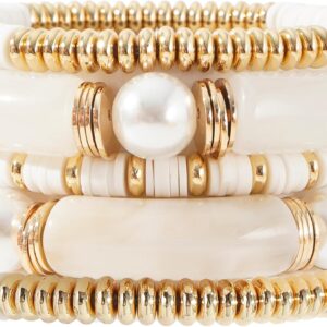 GOOJIDS Simple Beaded Gold Bangles Bracelet Chunky Bamboo Tube Curved Stacking Clear Acrylic Colorful Beads Stretchable Gold Bracelets Set For Women