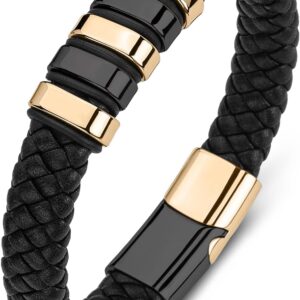 Leather Bracelet for Men Braided Cuff Wristband Stainless Steel Clasp in Silver and Gold Jewellery Gift