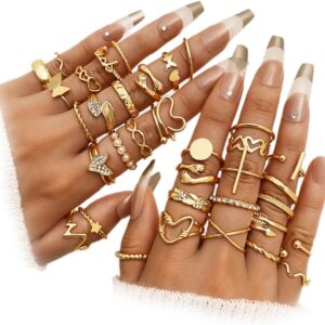 19-36 Pcs Gold Boho Knuckle Rings Set for Women, Vintage Stackable Dainty Joint Finger Gold Jewelry Set with Love Pearl and Sparkling Crystals