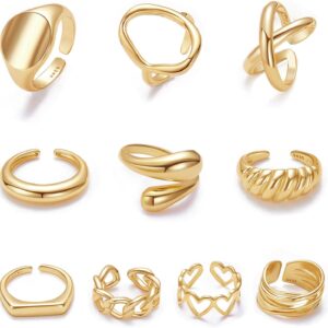 10PCS Gold Dome Chunky Rings for Women 18K Gold Plated Braided Twisted Round Signet Rings Adjustable Open Ring Band Statement Jewelry Size 7-9