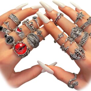 IFKM 15-63 PCS Vintage Silver Knuckle Rings Set for Women Teen Girl, Stackable Joint Finger Statement Rings Bohemian Retro Hollow Carved Midi Rings, Boho Y2k Snake Butterfly Heart Chunky Stacking Rings Pack