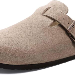 Women’s Suede Clogs Soft Cork Footbed Leather Mules Comfort Potato Shoes with Arch Support
