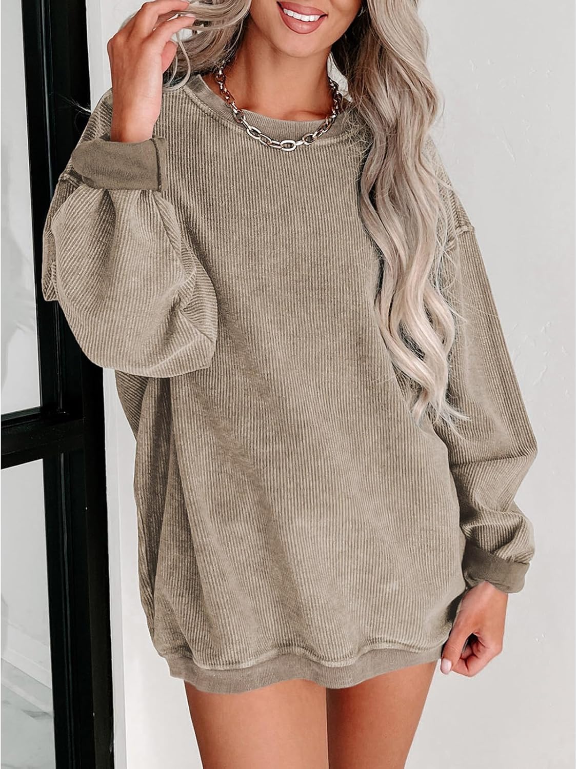 SELINK Womens Crewneck Oversized Corduroy Corded Sweatshirt Long Sleeve Casual Pullover Tops - Image 3
