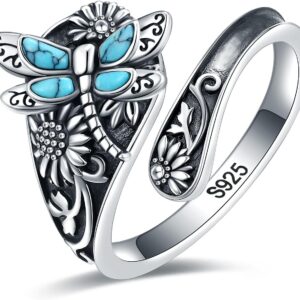 S925-Sterling-Silver Turquoise Dragonfly/Butterfly Spoon Ring – Vintage Boho Sunflower Thumb Rings Oxidized Wrap Ring Victorian Style Antique Floral Jewelry Gifts for Women