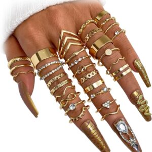 17IF Gold Vintage Knuckle Ring Set for Women, Boho Crystal Finger Aesthetic Pearl Sparkle Butterfly Chunky Stackable Midi Ring Pack