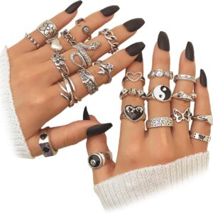 IFKM 15-63 PCS Vintage Silver Knuckle Rings Set for Women Teen Girl, Stackable Joint Finger Statement Rings Bohemian Retro Hollow Carved Midi Rings, Boho Y2k Snake Butterfly Heart Chunky Stacking Rings Pack