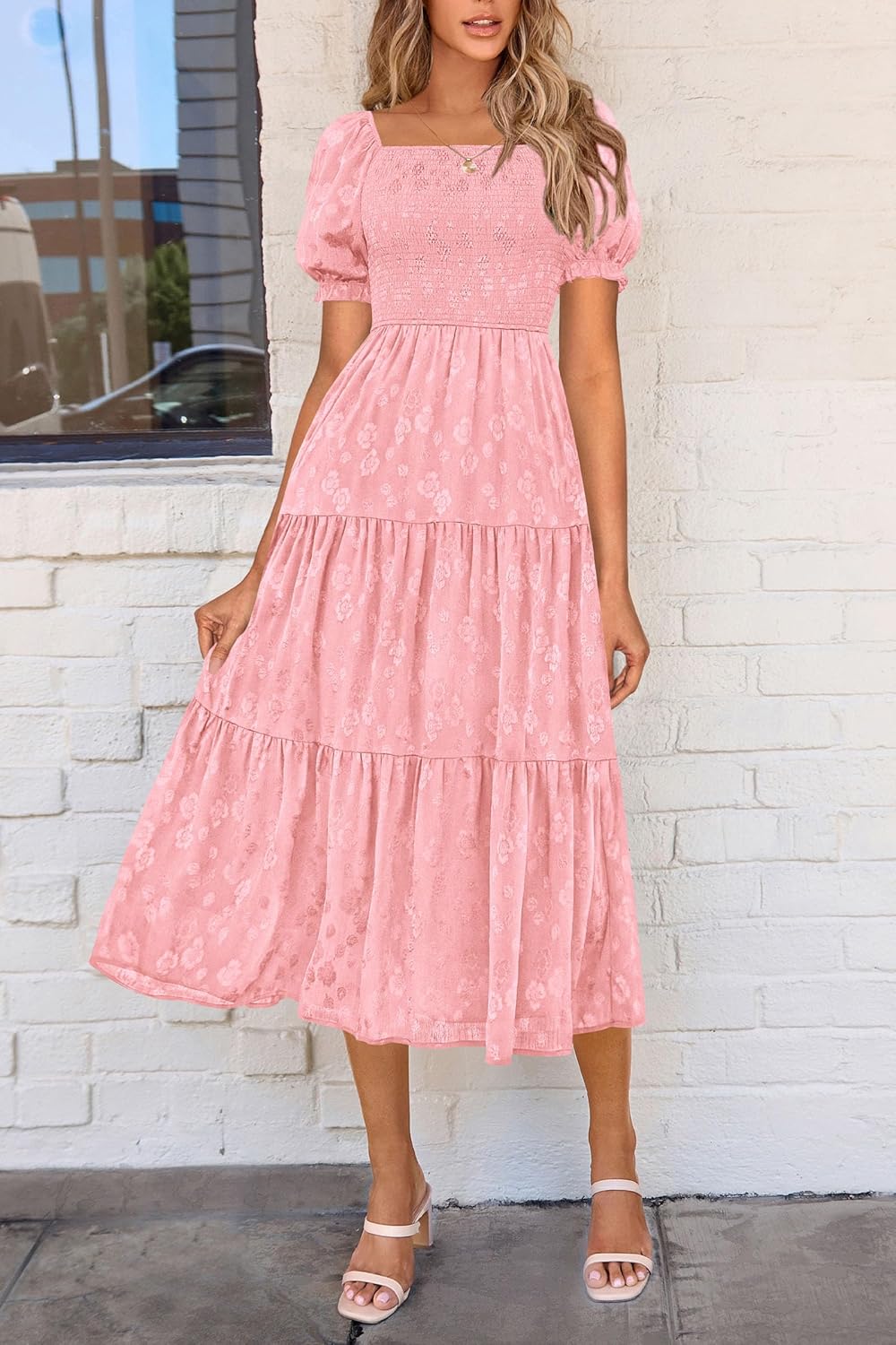 PRETTYGARDEN Women's Summer Casual Midi Dresses Square Neck Short Sleeve Smocked A Line Floral Flowy Elegant Boho Dress - Image 5