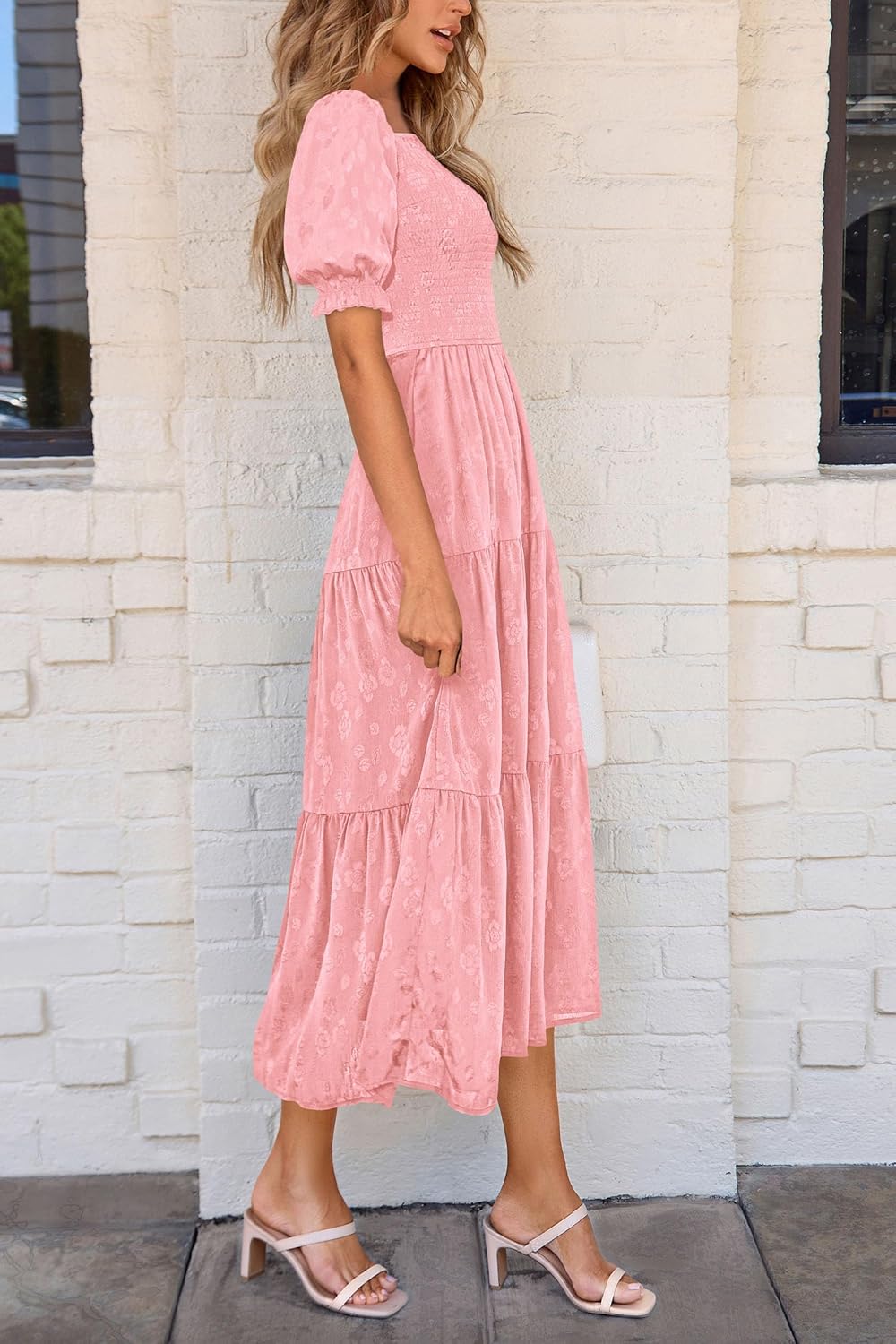 PRETTYGARDEN Women's Summer Casual Midi Dresses Square Neck Short Sleeve Smocked A Line Floral Flowy Elegant Boho Dress - Image 7