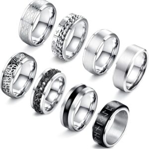 JeryWe 8 Pcs Stainless Steel Rings for Men High Polished Mens Band Wedding Engagement Fidget Rings Vintage Spinning Rings Size 7-13