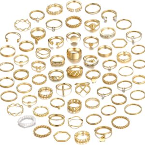 YEEZII 68 Pcs Gold Knuckle Rings Set for Women, Stackable Rings Boho Joint Finger Midi Rings Silver Hollow Carved Crystal Stacking Rings Pack for Gift