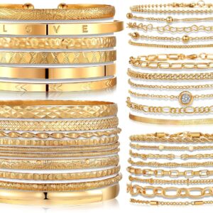IFKM 6 PACK (24 PCS) Boho Gold Chain Bracelets Set for Women, 14K Gold Plated Multiple Layered Stackable Open Cuff Wrap Bangle Adjustable Link Italian Cuban Jewelry for Women Gift