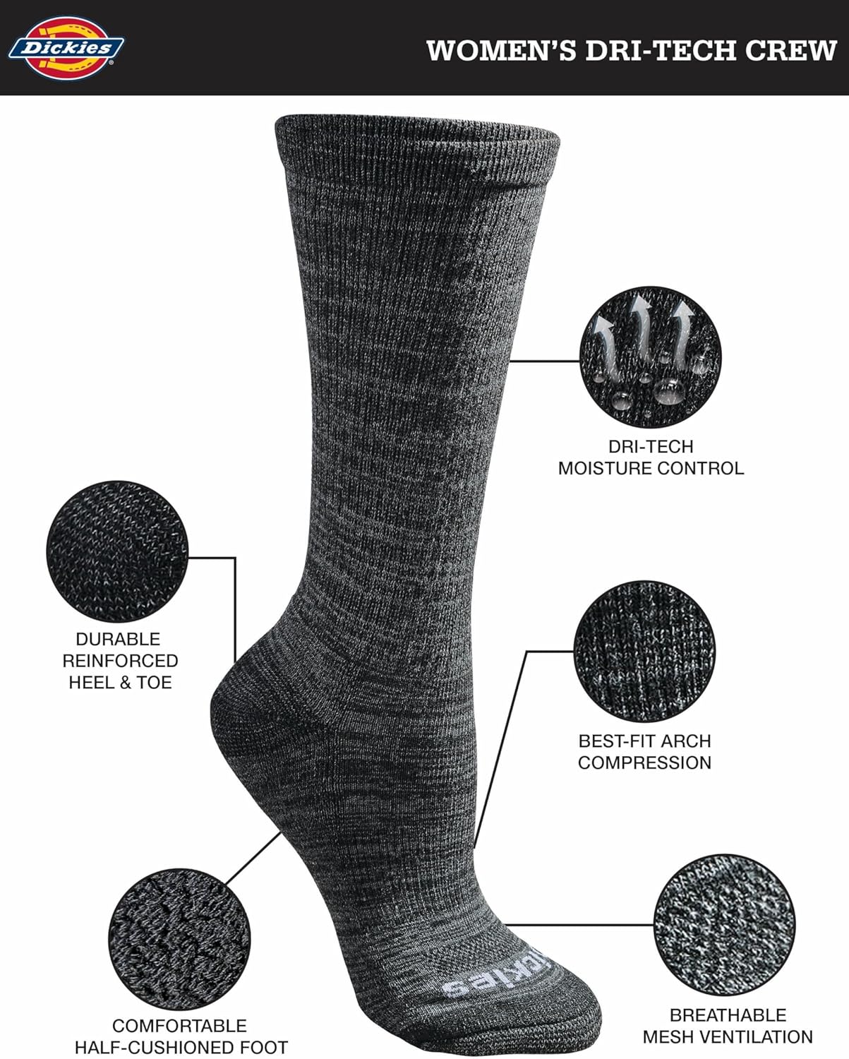 Dickies Women's Dri-tech Fashion Moisture Control Crew Socks, Available in S-XL (5, 6, 12 Pairs) - Image 3