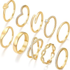 10 PCS Dainty 14K Gold Rings for Women, Open Twist Simulated Diamond Criss Cross Designs, Perfect for Stacking Layering on Thumb and Knuckle Engagement Rings in Sizes 6-10