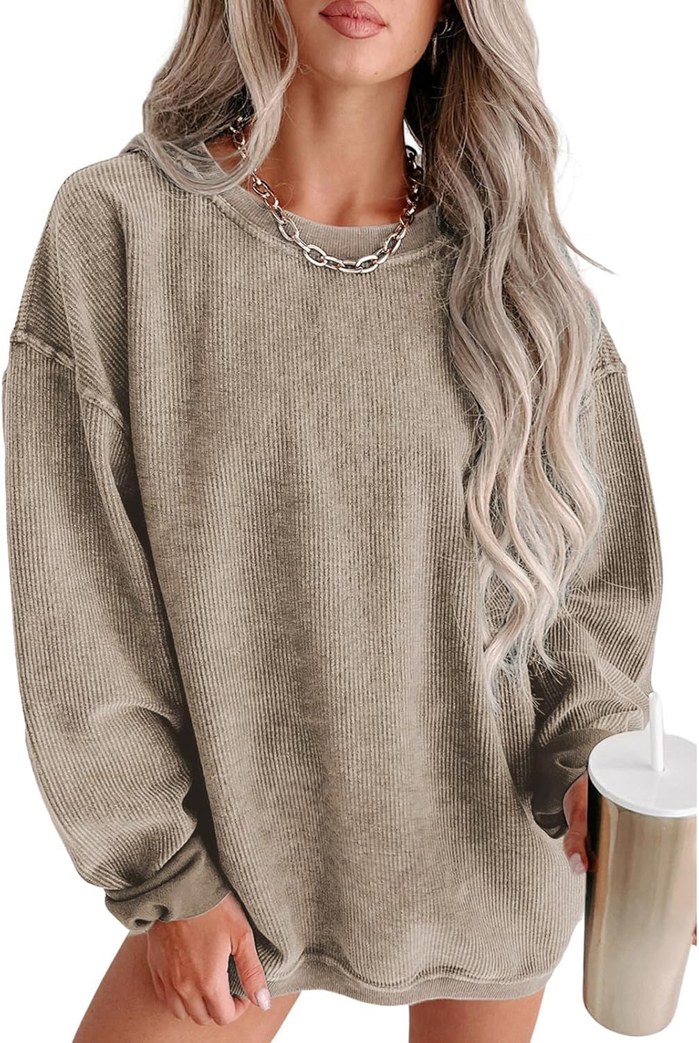 SELINK Womens Crewneck Oversized Corduroy Corded Sweatshirt Long Sleeve Casual Pullover Tops - Image 2